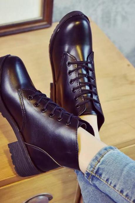 Autumn/winter, Martens Boots, Low Heel, Lace-up, Leather Boots, British Biker Boots
