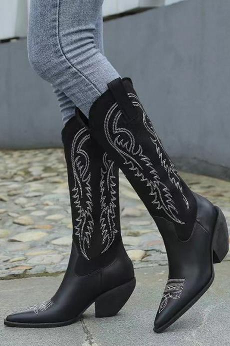 Embroidered Boots, Autumn/winter, Chunky Heels, High Heels, Vintage Doc Martens, Thigh-high Knight Boots