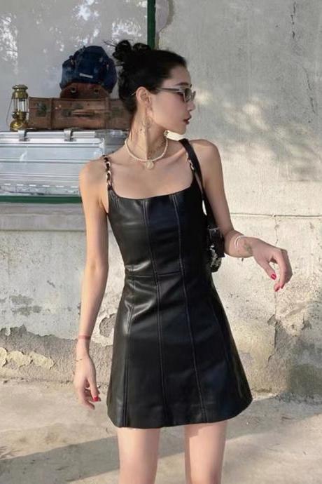 Black pu leather dress, temperament, senior sense, short black dress, sexy, chain halter dress