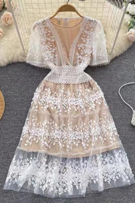 Advanced sense, mesh patchwork receiving waist dress, artistic , lace fairy dress