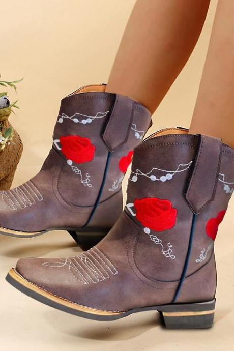 Square Head, Embroidered Flowers, Women&amp;amp;#039;s Leather Boots
