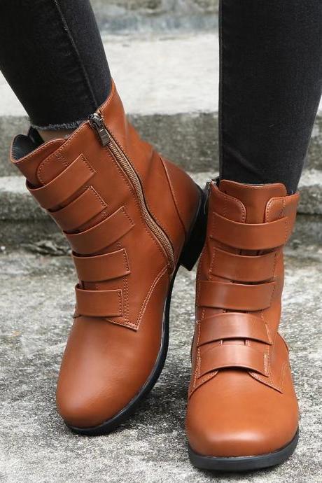 Autumn and winter, new mid - leg boots, round - head flat women's leather boots