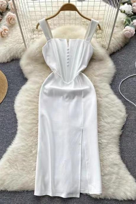 Chic, stunning, temperamentary spaghetti atrap dress, white slit dress