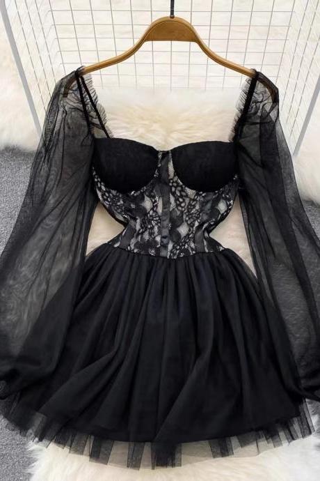 Long Sleeve Tulle Dress,black Dress,sexy Party Dress