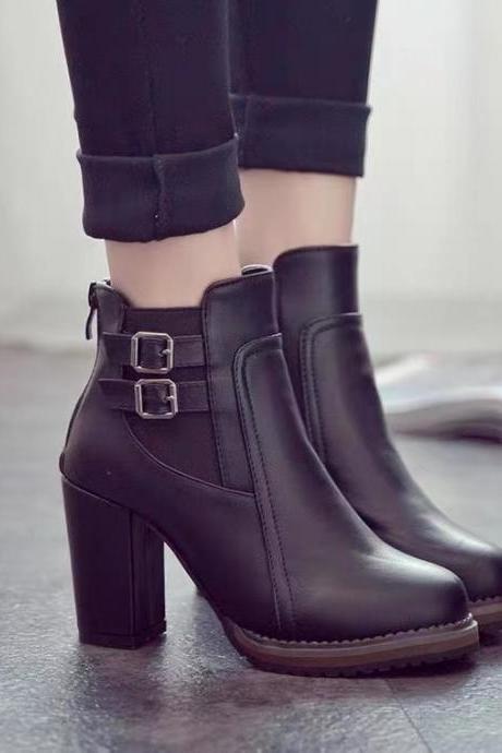 Autumn/Winter, new, British, vintage, chunky heel, belt buckle ankle boot, high heel elastic ankle boot for women