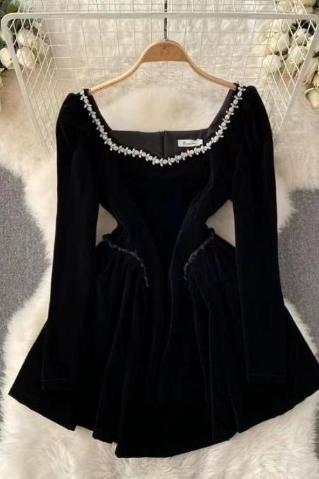 Square Collar Dress, Nail Bead A-line Shaggy Short Black Dress