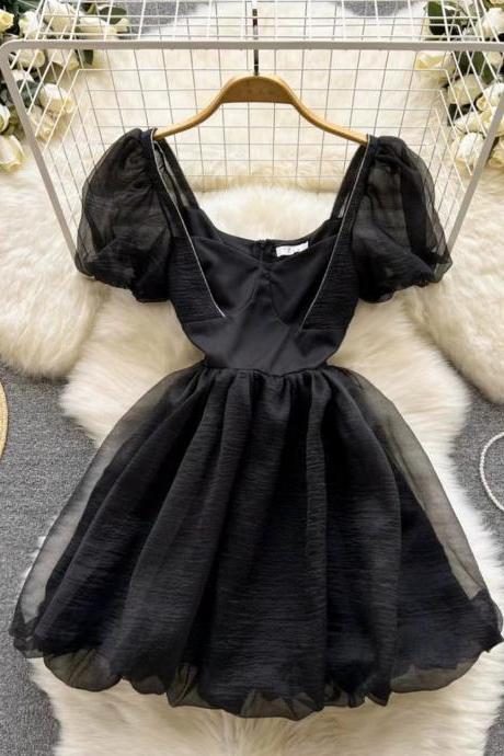 Sweet, Bubble Short Sleeve A-line Dress, Square Collar Waist, Temperament Chiffon Dress