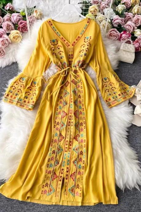 Ethnic Style, Embroidered Holiday Skirt Bohemian Beach Long Dress, V-neck Slit Waist Loose Dress