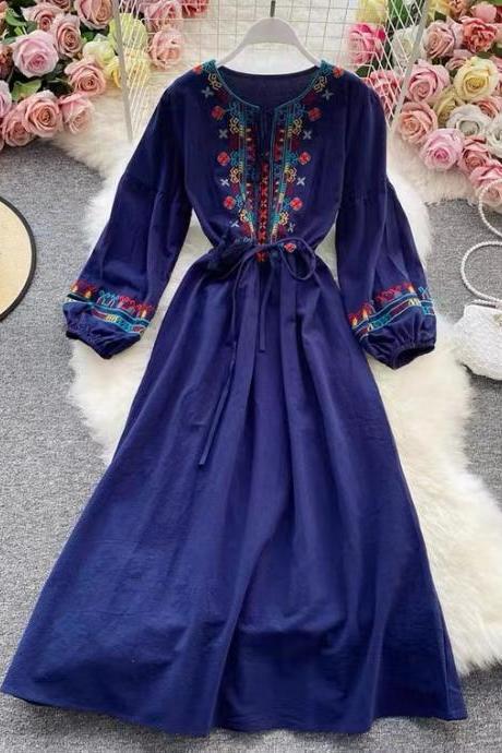 Seaside holiday dress, Bohemian beach dress, fairy, ethnic style, embroidered lantern sleeve style long dress