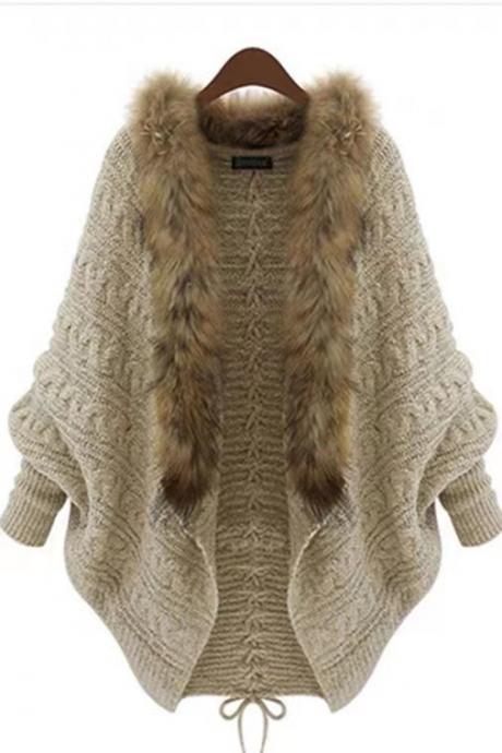 Plus-size Sweaters, Knitted Cardigans, Capes, Bat-sleeved Fur Collar Coats