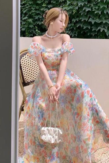 Long fairy dress, floral dress ,sweet, mesh, strappy beach dress