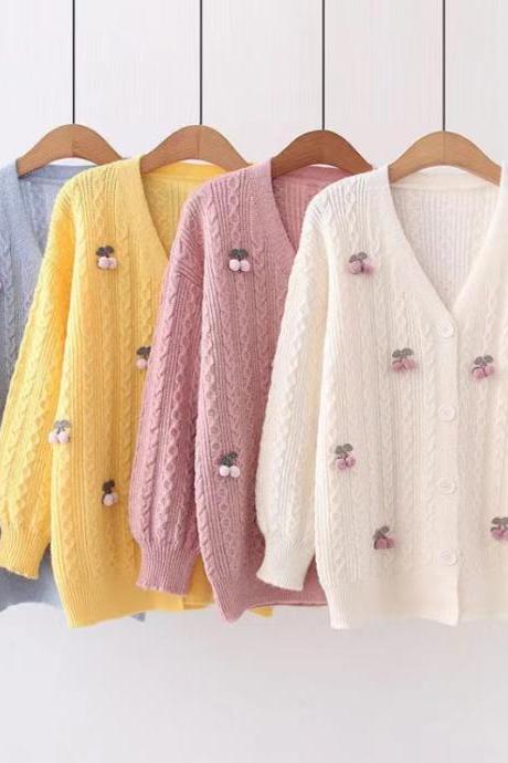 Cute sweater cardigan, sweet, literary, small fresh sweater , cherry sweater knit