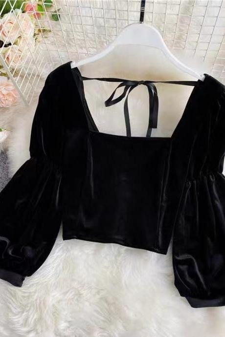 Retro, square collar, off shoulder top, long sleeve crop top, velvet shirt puffed sleeves, fashion short top