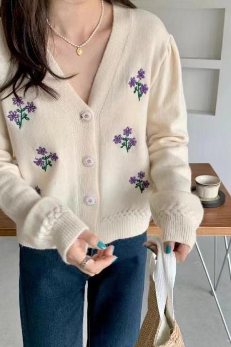 Embroidered Flowers Sweater, Loose Chic Cardigan