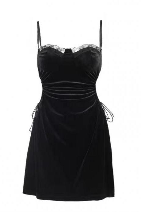 Little sexy black dress,vintage velvet dress, hot girl msexy hollowed dress