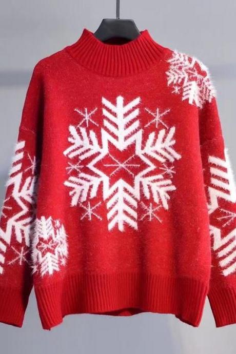 Pullover sweater, loose, lazy, Christmas snowflake, women's sweater,Long Sleeves Base Sweaters