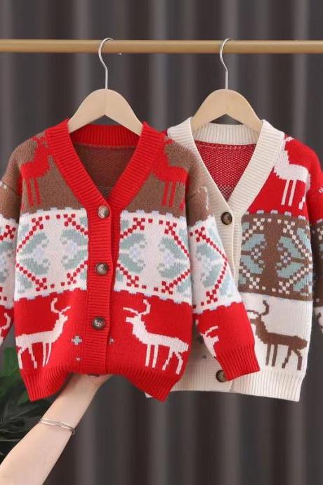 Girl/boys sweater cardigan, autumn and winter fashion jacquard knitted sweater, Christmas cardigan coat