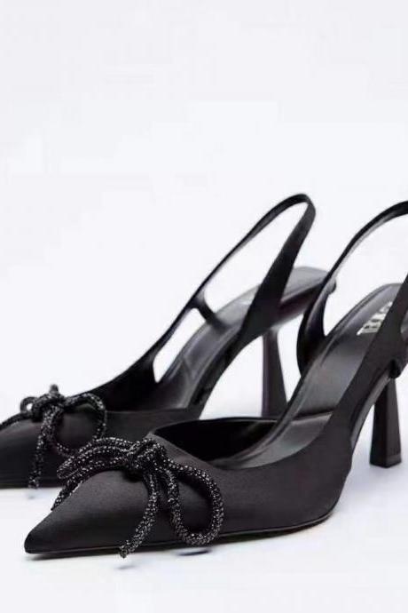 women's shoes, high-heeled sandals, one-line bow, pointy single shoe, shallow stiletto heels
