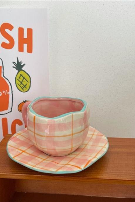 Pink Plaid Ceramic Coffee Cup Set Irregular Decorative Home Breakfast Milk Tea Cup Kitchen Reusable Drinking Cup