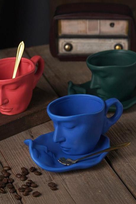 Frosted Ceramic Human Face Mug Coffee Cups with Saucers and Spoons Handmade Ceramic Cup