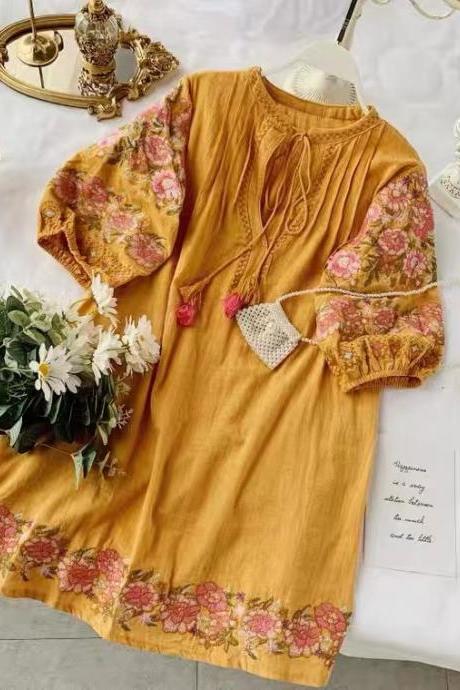 Retro, heavy embroidery flowers, resort, ethnic style, tassel, lace-up, V-neck loose dress, lantern sleeve dress