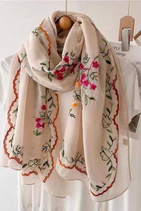 2023 Spring And Autumn Embroidery Flowers Cotton And Hemp Scarf, Summer Sunscreen Dual-use Silk Scarf, National Wind Big Shawl