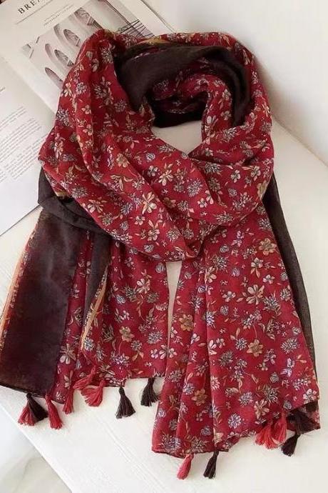 Shawl, cotton and hemp scarf, Bohemian, Vintage, Red Floral Travel Sunscreen shawl