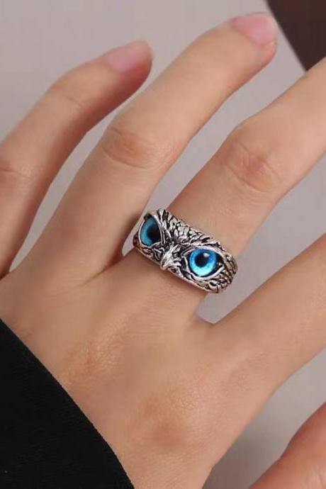 Retro, Blue eyed Owl, open ring, Creative, Adjustable joint ring, female