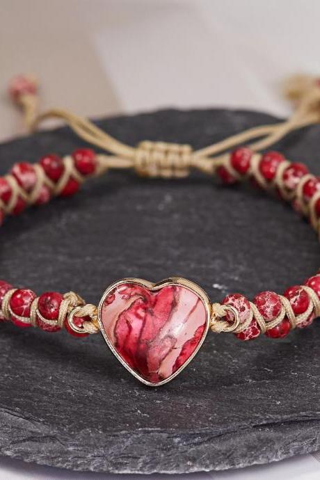 Hand Woven, Peach Heart Emperor Stone Bracelet, Seven Gangue, Winding Bracelet, Heart-shaped Stone Hand String