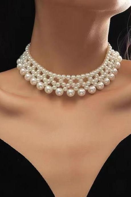 Hand woven, multi-layer pearl collarbone necklace, Temperament, ins, trend, exaggerated choker accessories, bridal decorative necklace