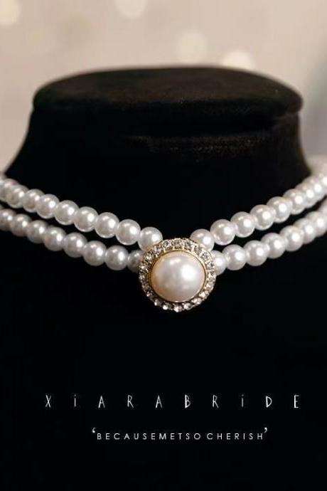Vintage, double pearl clavicle chain, bridal choker, wedding dress and evening gown accessories
