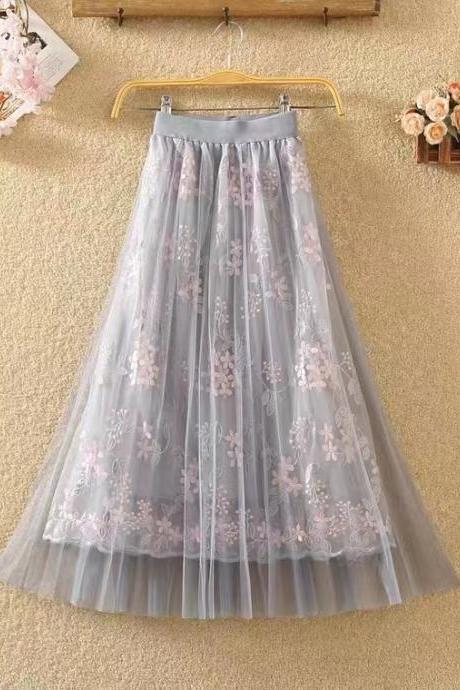Mid-length pleated gauze skirt, new style, embroidered floral half skirt, sweet fairy skirt, A-line gauze skirt