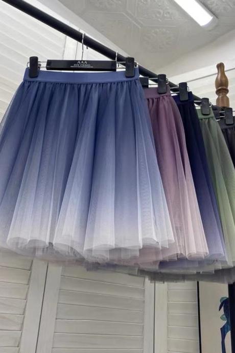 Gradient Color Gauze Short Skirt, High Waist, A Line Skirt, Matching, Shaggy Bottom Half Skirt