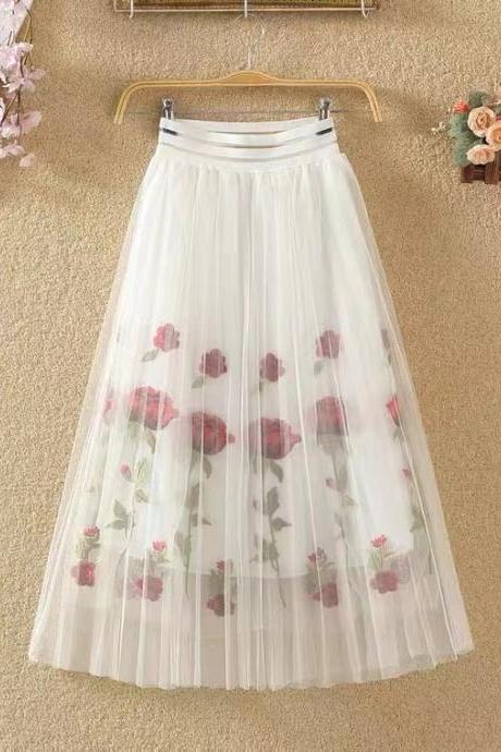High waist, matching fairy skirt, embroidered floral pleated gauze skirt, mid-length skirt