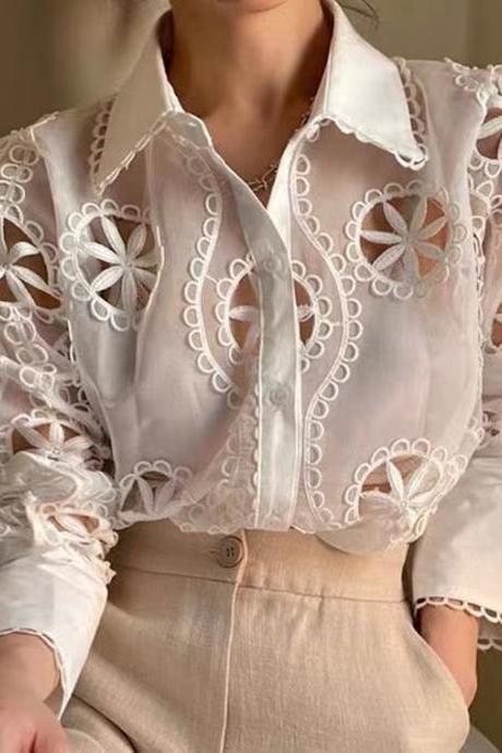 Spring, elegant, lapel, hollowed out, mesh pattern, single breasted loose puffed sleeve shirt