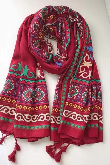Ethnic style, red, totem cotton and hemp scarf, travel holiday sunscreen beach towel, gauze towel