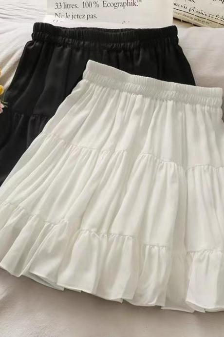 Sweet, Girly, Elastic Waist Slim Pleated Skirt, Solid Color A-line Skirt
