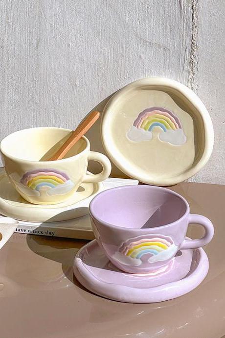 Cute Ceramic Mug for Coffee With Tray Saucer Hand Painted Rainbow Pattern Korean Style Cup