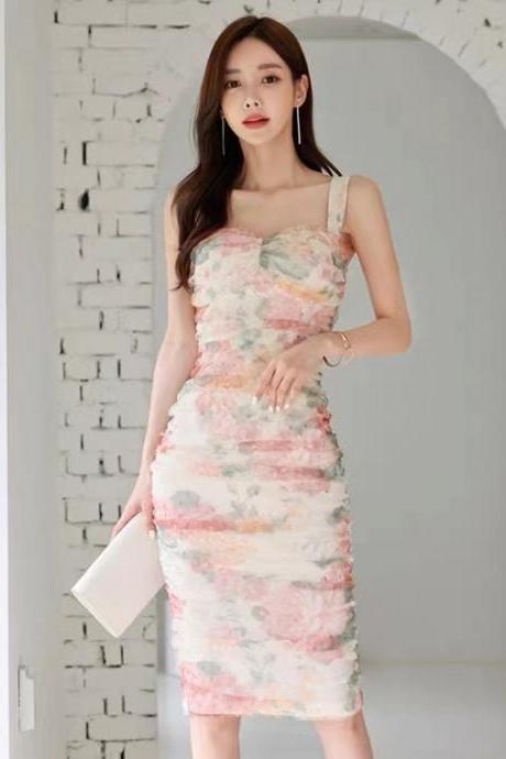 Sexy, Chic Floral Spaghetti Strap Long Dress, Printed Bodycon Dress