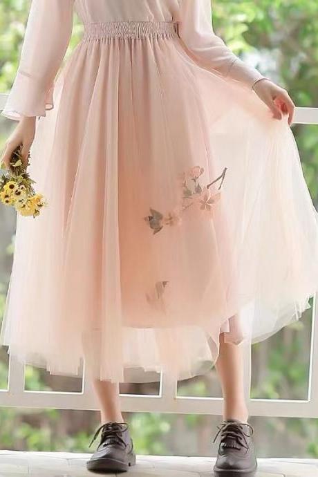 Vintage, Pink Half Skirt Mesh Tulle Skirt, Embroidered Half Skirt, Fairy Skirt
