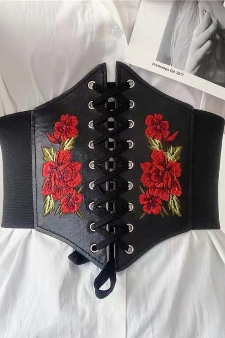 Rose, Embroidered French, Vintage Belt, Women&amp;#039;s Decorative Match, Fashion, Elastic Elastic Wide Waist Sealing Waist