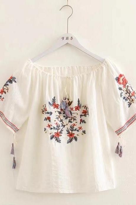Heavy Industry flower embroidery cotton shirt, tassel lace-up, off collar short-sleeved white shirt