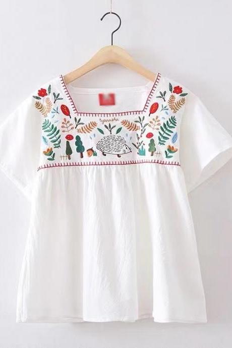 New, illustrated wind, hedgehog, forest, small tree, embroidered doll shirt, embroidered square collar cotton white shirt