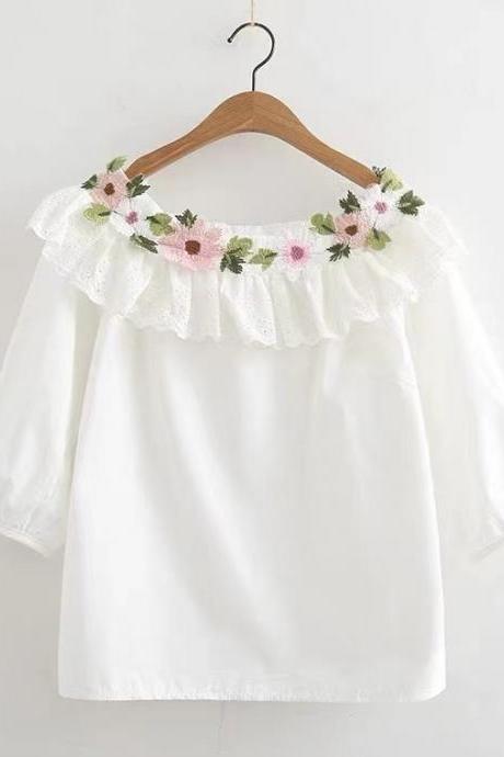 Rose-flower embroidered shirt, hollowed out embroidery, pinched collar white pullover