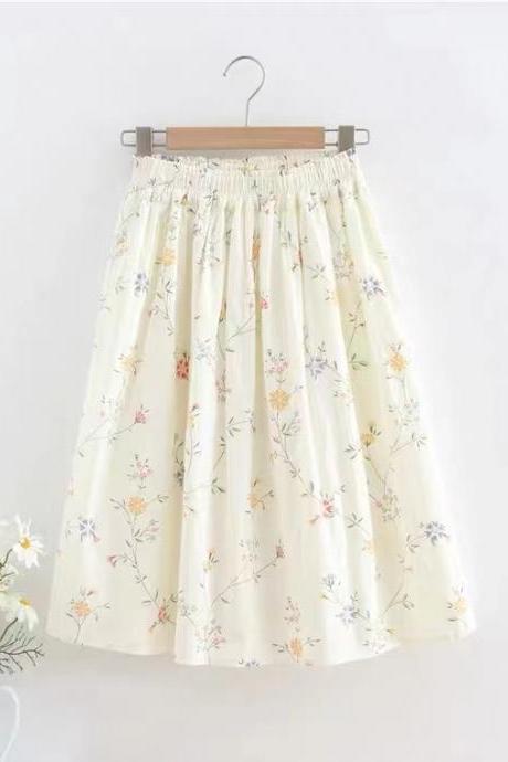 Elastic waist skirt, mid-style umbrella skirt, preppy skirt, apricot small floral skirt