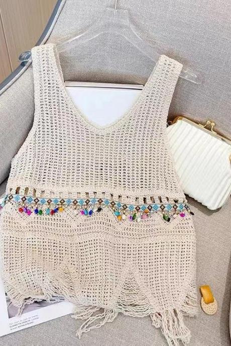 Vintage, fringed edge fashion knitted spaghetti strap top, summer, new, heavy industry diamond-studded sleeveless top