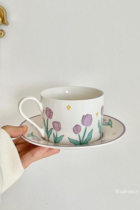 Retro Purple Tulip Coffee Cup With Saucer French Exquisite Handmade Ceramic Mug Set Afternoon Tea Set Cups