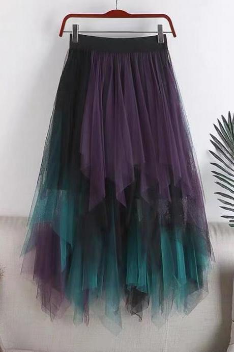 , Medium - Length Irregular Skirt, Colorful Gauze Stitching Half Skirt