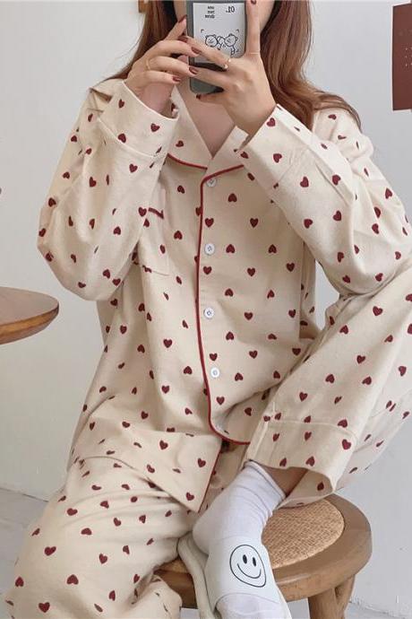 Heart Print Home Suit Loose Cotton Casual Sleepwear Korean Pajamas Set
