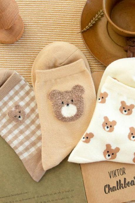 Autumn Bear Cute Socks Women Female Cute Japanese Medium Tube Socks
